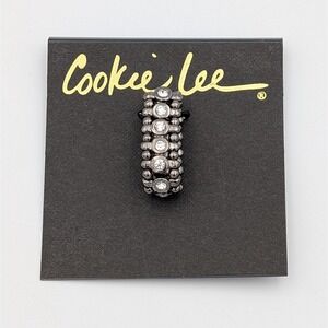 Cookie Lee Genuine Crystal Stretch Ring Gunmetal Beaded Band Rhinestone Silver